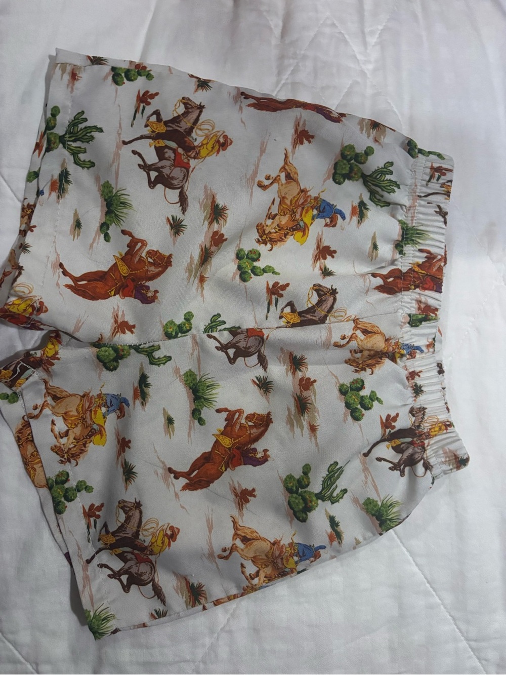 Kids Cowboy Print Casual Shorts - White with Brown & Green Accents
